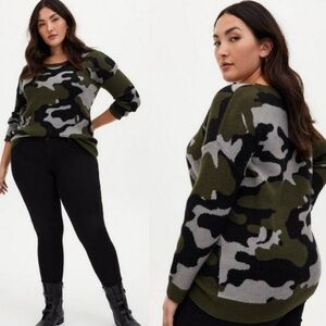 Olive Green Camo Knit Sweater - Women's Cozy Pullover